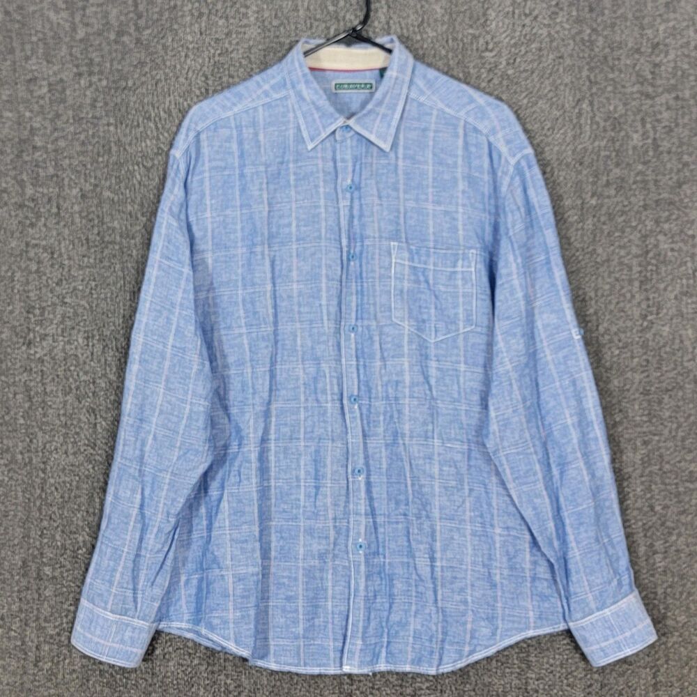 Cubavera Shirt Mens Large Blue Check Linen Blend Long Sleeve Roll Tab Button Up